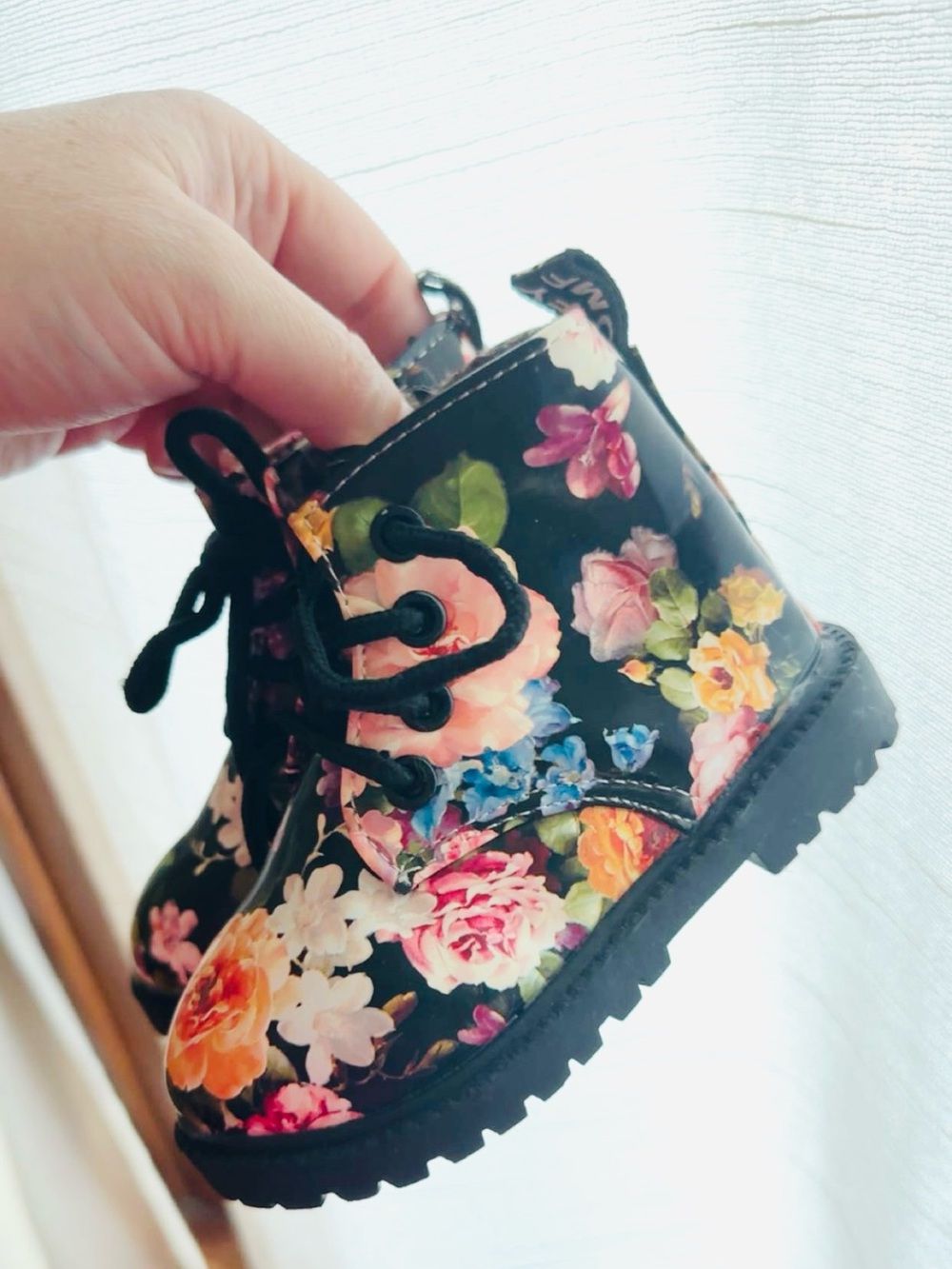 Toddler Black Floral Combat Boots with Zipper Side | Fur Lined | Size 5.5C | NEW